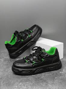 Men's Classic Black Mesh Fabric Casual Sneakers, Breathable Streetwear, Vintage Leather Surface Thick Sole Cushion Lace-Up Non-Slip Athletic Skate Shoes