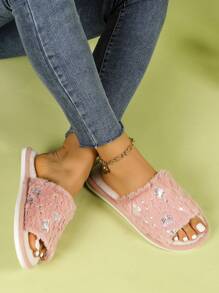 Butterfly Open-Toe Slippers For Women, Fluffy Warm Slip-On Slippers For Indoor/Home Use, Comfortable & Breathable All-Season Slides