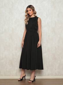 Elegant Women's Crepe Dress - Fitted Waist, Discreet Neckline And Loose Skirt - Ideal For Formal And Casual Events - 黑色 - 查看 2