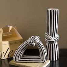 时尚条纹花瓶摆件，创意结状陶瓷装饰摆件客厅卧室装饰摆件新居新年圣诞礼物（无花） - 白色和黑色 - 查看 8
