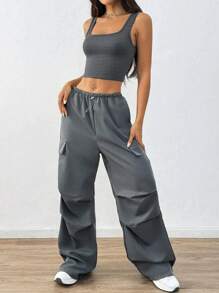 Set de 2 piezas Mujer Top deportivo y pantalón cargo de unicolor informal con diseño de bolsillos
