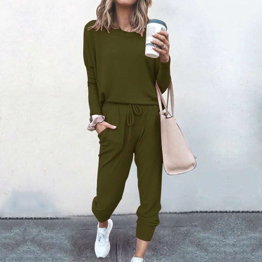 Women Tracksuits, Casual Sportswear Set Solid Color Long Sleeve O-Neck Pullover+Drawstring Trousers Lady Spring Tracksuit Outfit - Army Green - View 1