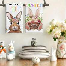 2 件装卡通兔子和花卉复活节彩蛋格子设计厨房洗碗巾套装，现代风格复活节厨房毛巾，高吸水性洗碗布，复活节家居装饰，春季 - 彩色 - 查看 9