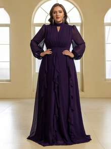 YISIKADO Plus Size Puff Sleeve Stand Collar Cut Out Ruffle Lantern Sleeve Modest Women Dresses Wedding Guest Formal & Evenning Party,Gown,Evening - Purple - View 5