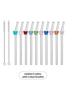 12 Unidades de Palhas de Vidro Reutilizáveis com 2 Escovas de Limpeza - Cores e Estilos Variados, Palhas para Bebidas, Smoothies, Café Gelado, Drinques, Bebidas de Verão, Suprimentos para Festa, Ideias de Presente para Natal, Aniversário ou Réveillon, Materiais Escolares