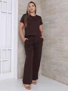 Women's Set Of Wide Leg Pants And Comfortable Sweatshirt Top Summer - Rỉ Nâu - Xem 2