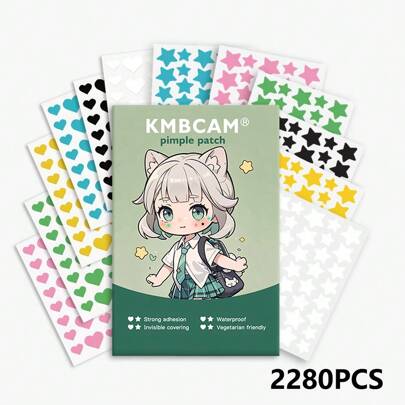 2280 片星形和心形痘痘贴（6 色），面部贴 - 无香型，不含对羟基苯甲酸酯 - 男女通用，适合所有肤质，无香型，不含任何成分