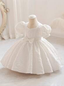 Baby Girl Elegant White Princess Dress With Flower & Bow Decor, Flower Girl Formal Dress For Wedding, Party, Birthday, Christening, Mother's Day, Summer - White - View 9