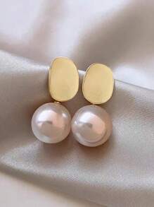 1 Pair Luxurious French Faux Pearl Geometric Elegant Drop Earrings, Minimalist Chic Design For Women