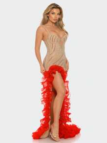 Elegant Evening Gown With Dazzling Rhinestones And Dramatic Red Ruffle Train -Perfect For Gala Events Comfortable Fabric