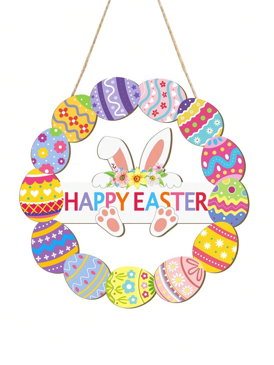 1 pieza - Guirnalda decorativa de madera para puerta de Pascua 2025 - Para señal de puerta frontal, señal de pared, decoraciones de primavera con conejo, cartel hueco de Bonnie, huevos y flores, ¡Bienvenido a colgar en la decoración del hogar, fiesta, al aire libre o interior para Feliz Pascua!