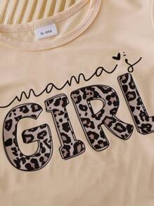Summer Baby Girls Casual Commuting Letter Print & Heart Leopard Print Round Neck Short Sleeve Top & Printed Shorts 2 Pieces Suit Set