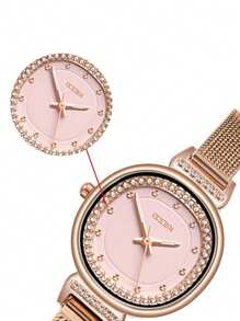 KEZZI 1 件女士不锈钢网带石英手表，时尚水钻表盘，适合日常佩戴 - 玫瑰金 - 查看 6