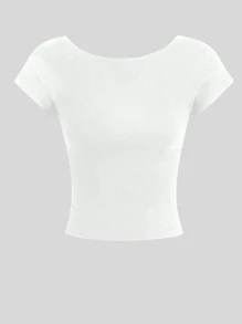 Backless Blouse Fitted Modeling Baby Tee Cropped Open Back Women's Suplex Top Basic Women's Backless Cropped Short Sleeve High Quality Polyamide Top - trắng - Xem 2