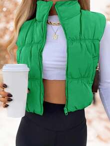 Women's Cropped Puffer Vest Winter Zip Up Stand Collar Sleeveless Bubble Vest - 綠色 - 查看 1