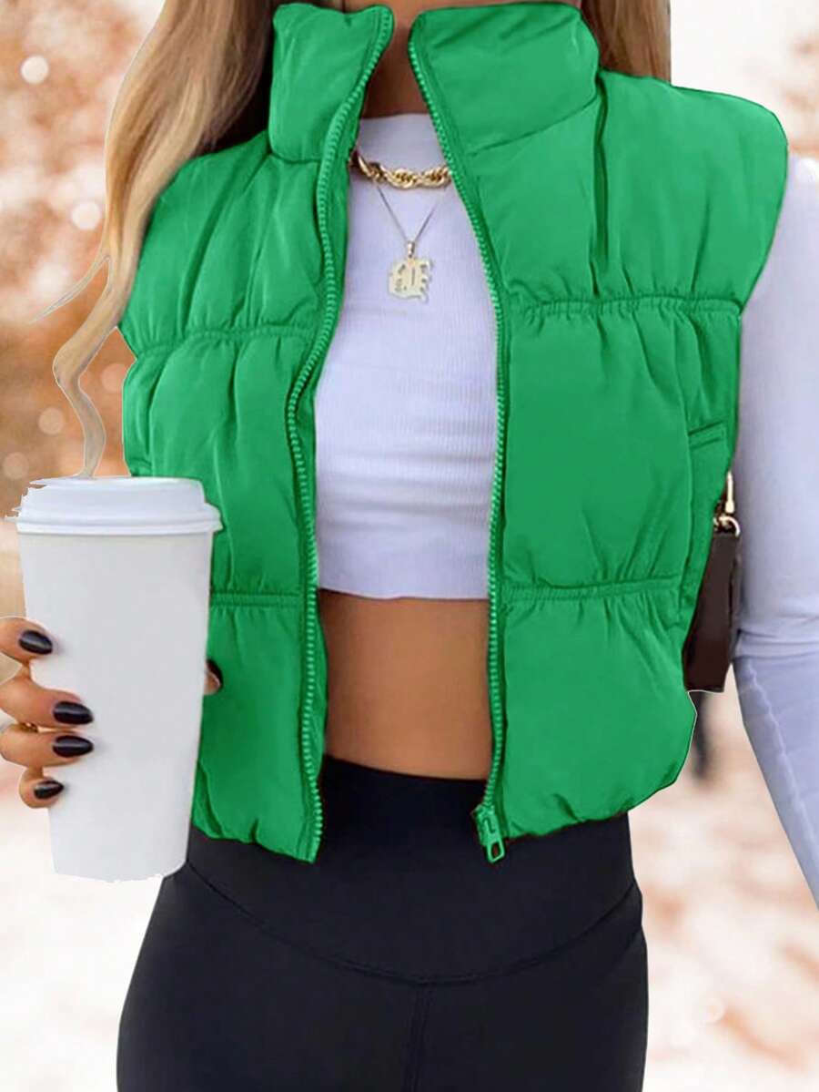 Women's Cropped Puffer Vest Winter Zip Up Stand Collar Sleeveless Bubble Vest - 綠色 - 查看 1