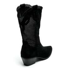 Bottes mi-mollet style western en suédine ajourée - 黑色 - 查看 4