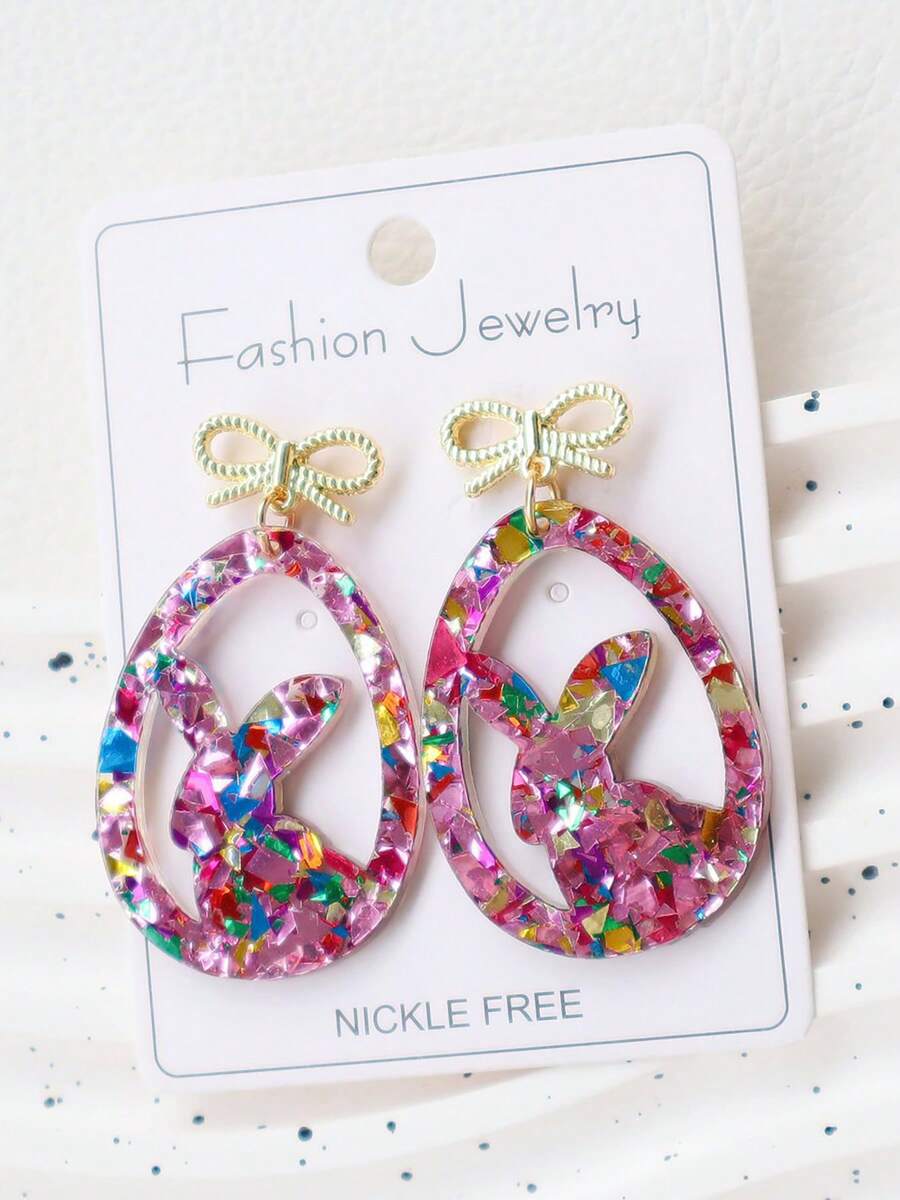 1 Pair Acrylic Bling Sequin Rabbit Eggs & Bow Knot Earrings, Exaggerated Festival Party Dangle Studs