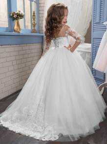 Aibaowedding Girls' Train Wedding Dress Pompadour Dress Piano Performance Flower Child Dress Long Sleeve Princess Dress Children's Train Dress - 白色 - 查看 2