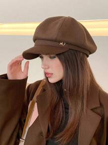 1pc Letter Buckle Octagonal Cap Beret Hat, Fashionable Brimmed Beret Cap, Suitable For Women, Versatile Spring/Summer Korean Style, Fits Large Head - Black - View 14