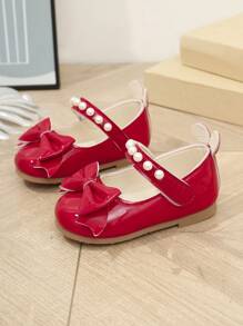 Girls' Princess Shoes With PU Bow, Pearl Decor And Laces, Fashion & Versatile For Indoor & Outdoor Wear - Red - View 4