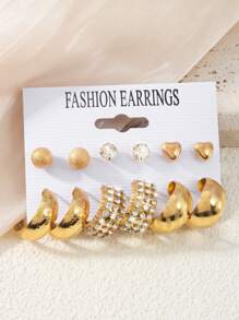 12 件简约女士金属耳环套装，带水钻、纹理和心形耳钉，时尚百搭，适合日常生活或约会、节日礼物珠宝 - 金色 - 查看 3