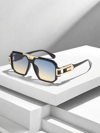 1pc Men's Blue Square Large Frame Metal Decor Fashion Glasses For Summer Beach Vacation,Outdoor,Travel