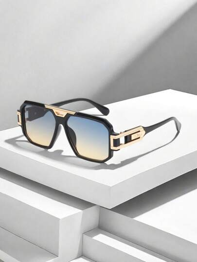 1pc Men's Blue Square Large Frame Metal Decor Fashion Glasses For Summer Beach Vacation,Outdoor,Travel