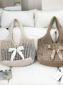 ENBEI BAIZE Summer Lightweight Casual Hollow-Out Beach Bag, White Woven Tote Handbag, Large Capacity Handbag, Suitable For Travel, Outdoor Activities And School. Travel Essential, Holiday Essential, Multifunctional Kitchen Storage Lunch Bag, Suitable For Beach Vacation Or Easy Carrying, Elegant Wedding Season - Beige - View 3