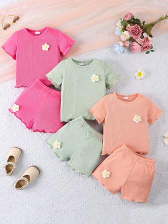 Bhchntiy 6pcs/Set Baby Girls Summer New Rib Knit Floral Embroidery Round Neck Solid Color T-Shirt And Shorts Casual Fashion Outfit