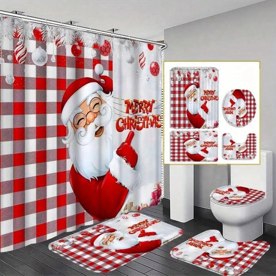4pcs Christmas Grandpa Curtain Shower Curtain Decoration, Beautiful Housewarming Gift Modern Home Decoration, Waterproof Shower Curtain And Toilet Floor Mat Three Pieces Set With 12 Shower Curtain Hooks Home Bathroom Decor Fall Decor Bathroom Accessories Back To School