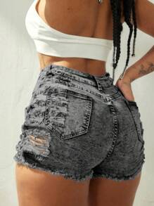 Rave Y2K Streetwear High Stretch Diagonal Pocket Frayed Hollow Out Distressed Denim Mini Shorts, Sexy Club Denim Shorts For Spring/Summer - Black Fried Flower - View 2