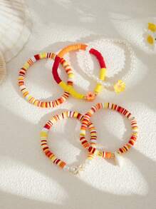 5 件/套时尚多元素海星和贝壳装饰彩色聚合物粘土手链，复古仿珍珠和花珠吊饰弹性手链套装，适合女性/女孩日常装饰、节日穿着、礼物、春夏珠宝套装