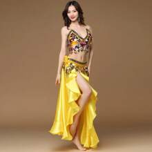 1 Set Belly Dancing Costume Includes Top & Skirt (Waist Chain Optional), Shell-Shaped Pendant Bra, Studded Copper Waist Chain, Ruffle Dance Skirt, Adult Dance Outfit, Annual Party Opener Dance Performance Costume, Nightclub Dance Wear, Dance Accessories. Adjustable Size Bra & Waist Chain, Skirt Length 95cm/37.4in - Dresses - View 17