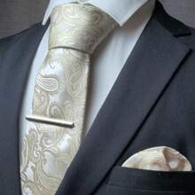 3pcs Set: Men's Classic 3.15-Inch Paisley Necktie, Matching Pocket Square, And Silver Tie Clip Combo, Ideal As Men's Gift, Suitable For Business, Weddings, Grooms, Groomsmen, Parties, Festivals And More - Three-piece Set - View 22