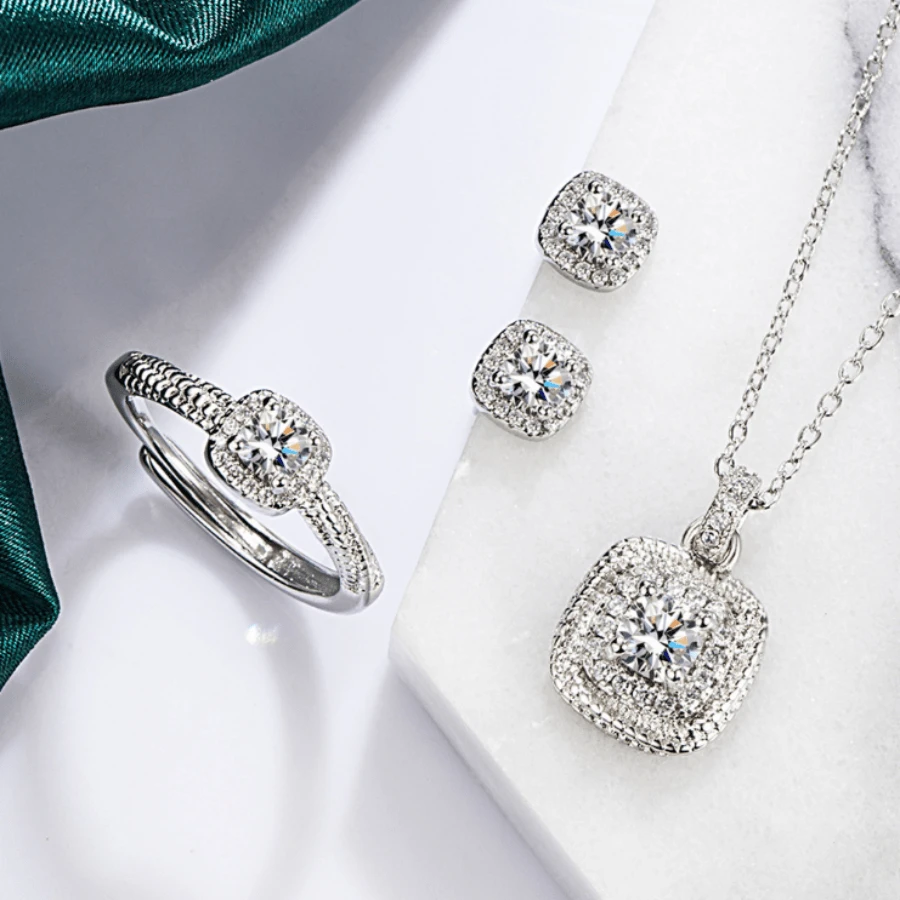 925 银镶嵌锆石戒指耳环项链套装，时尚设计，结婚礼物 - 白色 - 查看 1