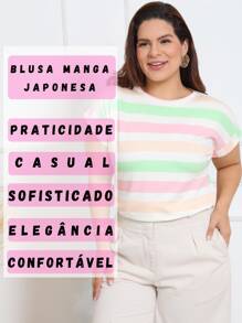 Plus Size Striped Blouse Short Sleeve Folded Japanese Viscolycra G1 - 薄荷綠 - 查看 6