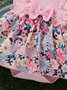 Nouveau body d'été bébé fille avec fleurs, manches calamistrées, broderie, nœud, patchwork en maille, mignon
