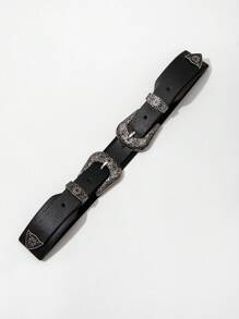 1 chiếc thắt lưng co giãn hai khóa kiểu dáng cao bồi miền Tây dành cho nữ, thích hợp mặc hàng ngày mùa hè, mùa thu, mùa đông, Halloween - màu đen - Xem 2