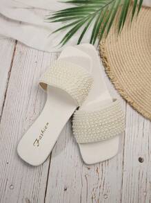 Plus Size Women's White Flat Faux Pearl Decorated Sandals With 5 Sizes Of Gradient Faux Pearl, Comfortable, Casual, Non-Slip, Size 35-43 Valentines