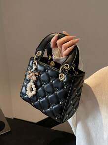 绗缝 PU 菱形图案迷你手提包，休闲百搭女士单肩包/斜挎包，优雅妈咪包