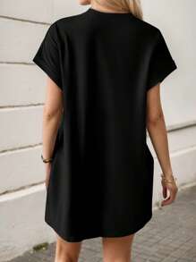 hoteel Basic Minimalist Pure T-Shirt Mini Dress With Pockets, Casual Street Style Idea To Daily Wear, Woman Clothes - màu đen - Xem 2
