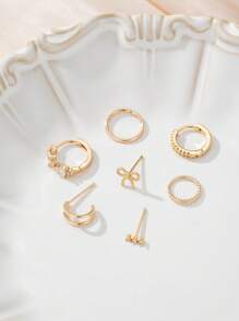 7pcs Elegant Bow Decor Earring Set, Cubic Zirconia Copper Stud & Clip Earrings For Women, Suitable For Daily, Date, Party Wear (Quantity For One Ear Only) - Yellow Gold - View 4