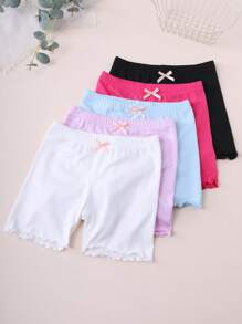 5 Girls Solid Color Bowknot Panties, Ruffled Safety Shorts, Suitable For Daily Life