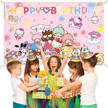 Sanrio 1PC Cute Cartoon Pink Sanrio Character Series Theme Birthday Party Decoration Background (210 * 150/150 * 100/100 * 75CM) Hello Kitty Kuromi Yuguigou Photography Background Party Cake Table Supplies Decoration Background Cloth Banner Perfect Decoration Birthday Party Room Wall Background Cloth Photo Pavilion Studio Props