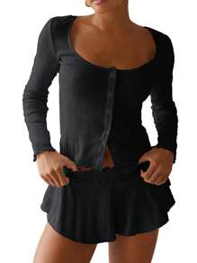 Women 2 Piece Ribbed Knit Pajama Set Button Long Sleeve Tops And Ruffle Shorts Lounge Sweatsuits Y2k Sleepwear PJ Set - Black - View 6