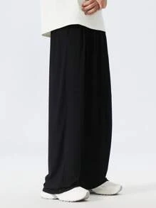 Plus Size Black Silk-Like Casual Pants, Solid Color With Draping, Suitable For Summer - Black - View 4