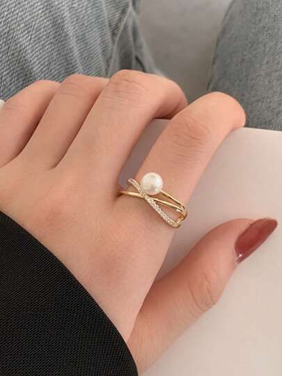 1pc Bridal Bridesmaid Ring With Adjustable Open Design & Cross Rhinestone & Faux Pearl Decoration, Gold Vintage