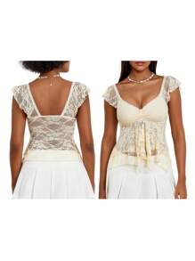Women Summer Crop Tanks Flying Sleeve V Neck Lace Double Layered Lotus Edge Tops - Yellow - View 3