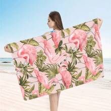 1pc Oversized Flamingo Printed Beach Towel, Extra Large Ultra Soft Quick Dry Beach Blanket - Skin-Friendly And Portable, Suitable For Fun Trips, Yoga, Picnics And Pool Parties